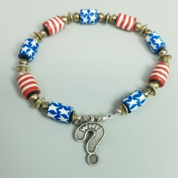 Vintage Red White and Blue Clay Beaded Bracelet with Why? Silver Tone Charm - Picture 1 of 7